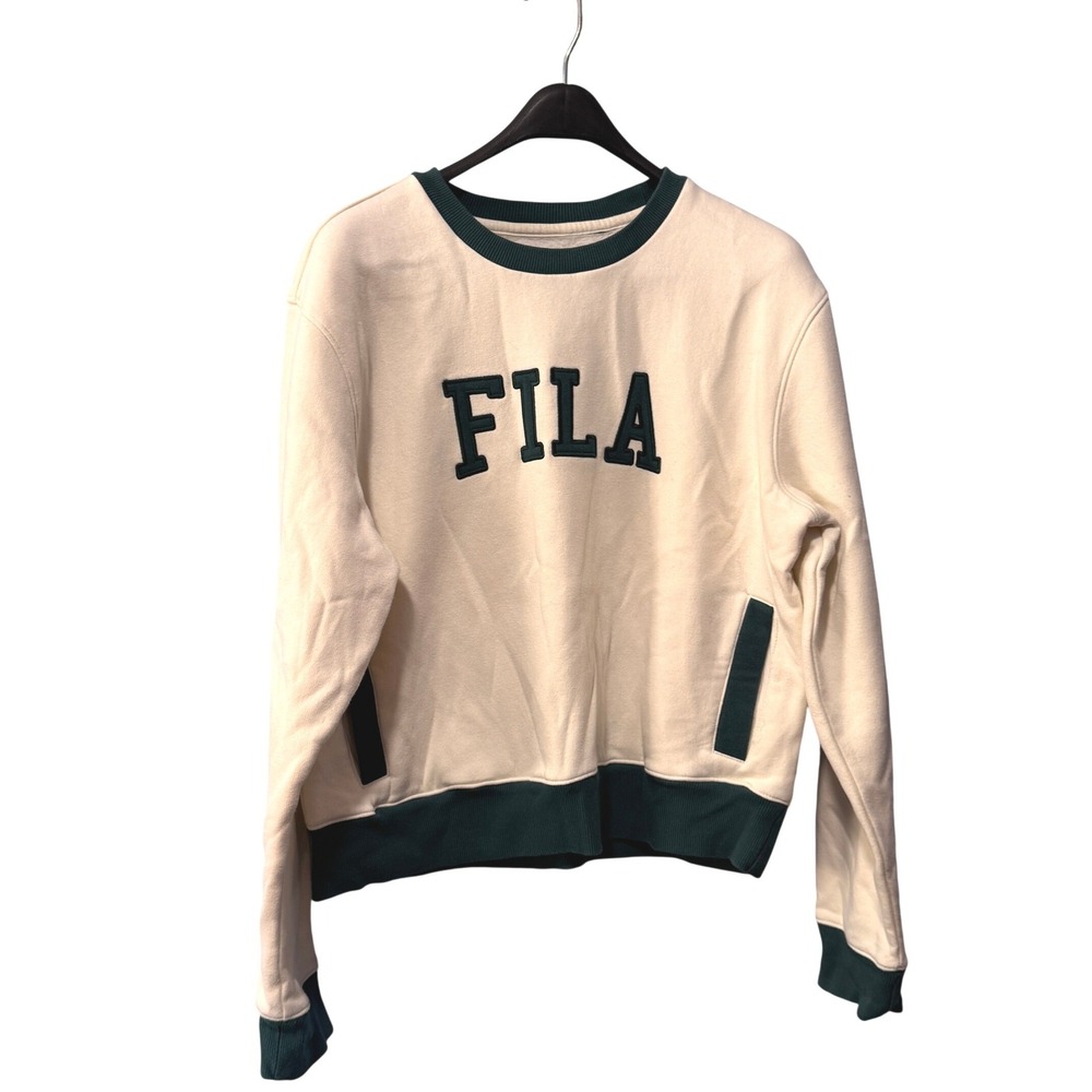 Fila XL Crewneck Sweatshirt white Green Applique Logo Fleece Pullover Pockets